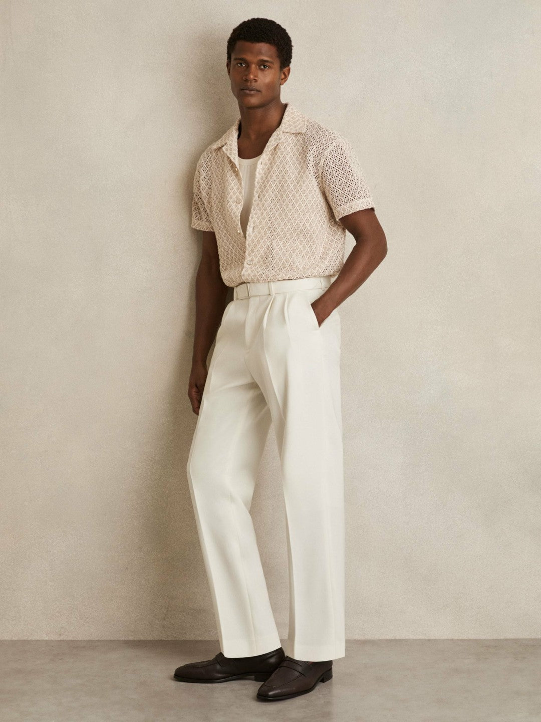 Reiss Wool-Blend Belted Pleated Trousers Regular-Fit in White