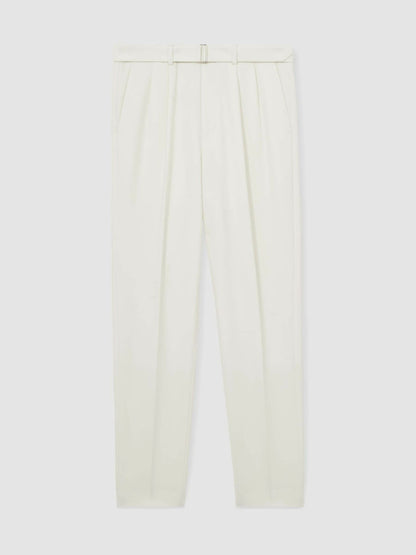 Reiss Wool-Blend Belted Pleated Trousers Regular-Fit in White
