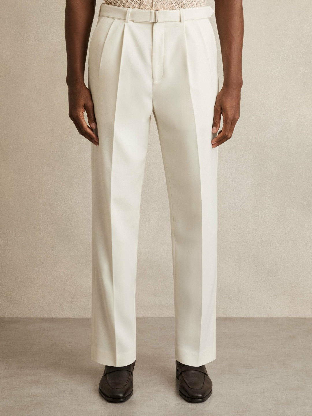 Reiss Wool-Blend Belted Pleated Trousers Regular-Fit in White