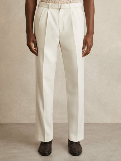 Reiss Wool-Blend Belted Pleated Trousers Regular-Fit in White