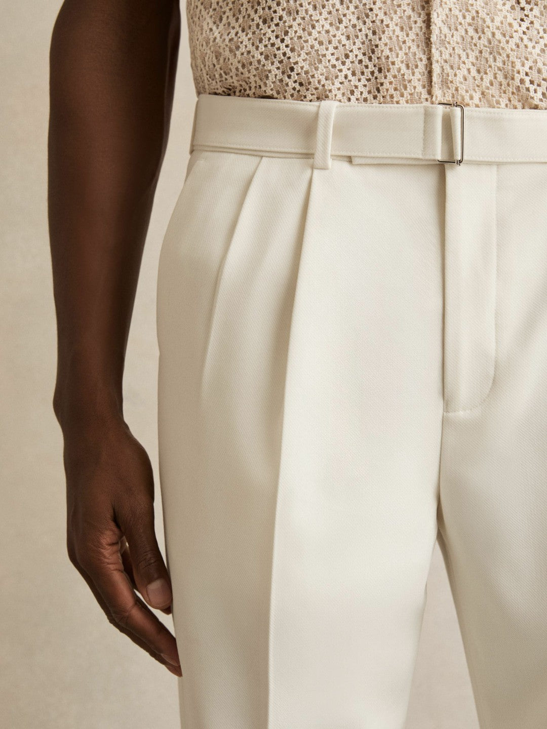 Reiss Wool-Blend Belted Pleated Trousers Regular-Fit in White