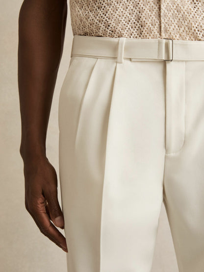 Reiss Wool-Blend Belted Pleated Trousers Regular-Fit in White