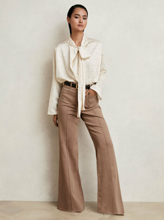 Reiss Satin Polka Dot Tie Neck Blouse in Ivory