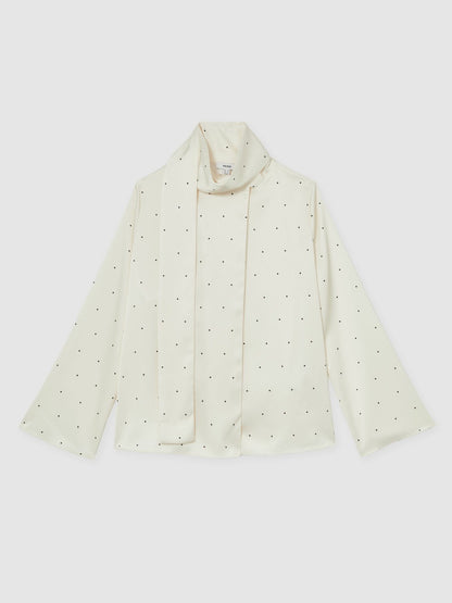 Reiss Satin Polka Dot Tie Neck Blouse in Ivory