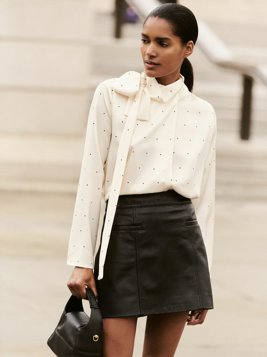 Reiss Satin Polka Dot Tie Neck Blouse in Ivory