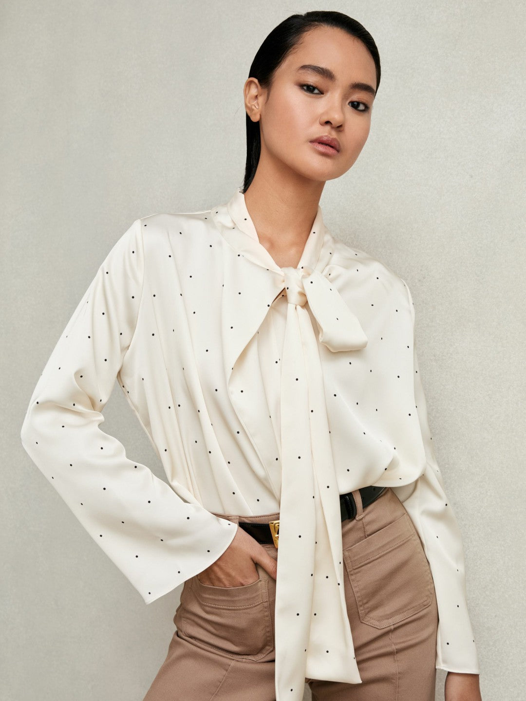 Reiss Satin Polka Dot Tie Neck Blouse in Ivory