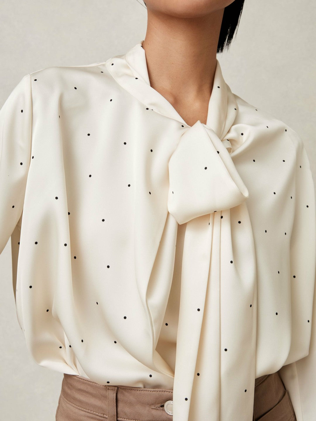 Reiss Satin Polka Dot Tie Neck Blouse in Ivory