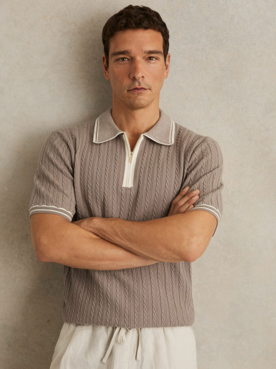 Reiss Micro-Cable Half-Zip Polo Shirt in Light Taupe Brown
