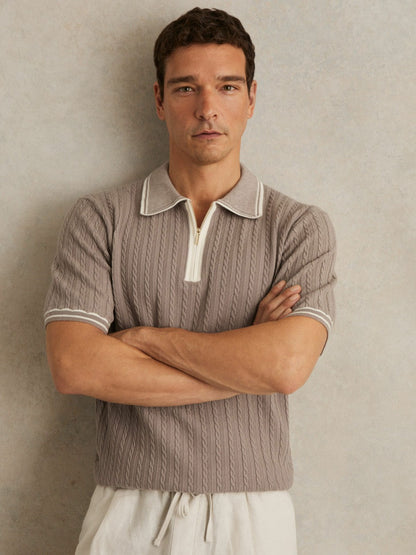Reiss Micro-Cable Half-Zip Polo Shirt in Light Taupe Brown