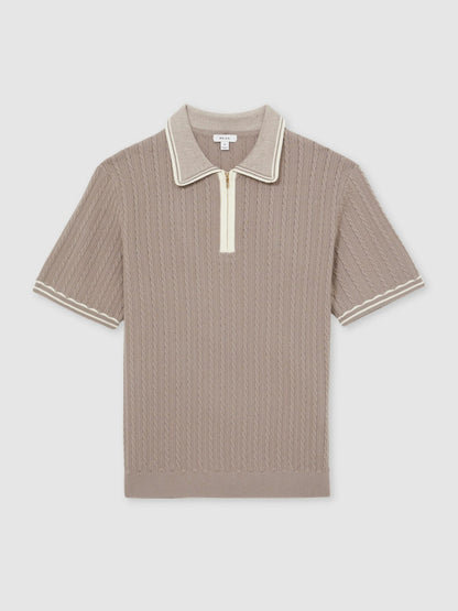 Reiss Micro-Cable Half-Zip Polo Shirt in Light Taupe Brown