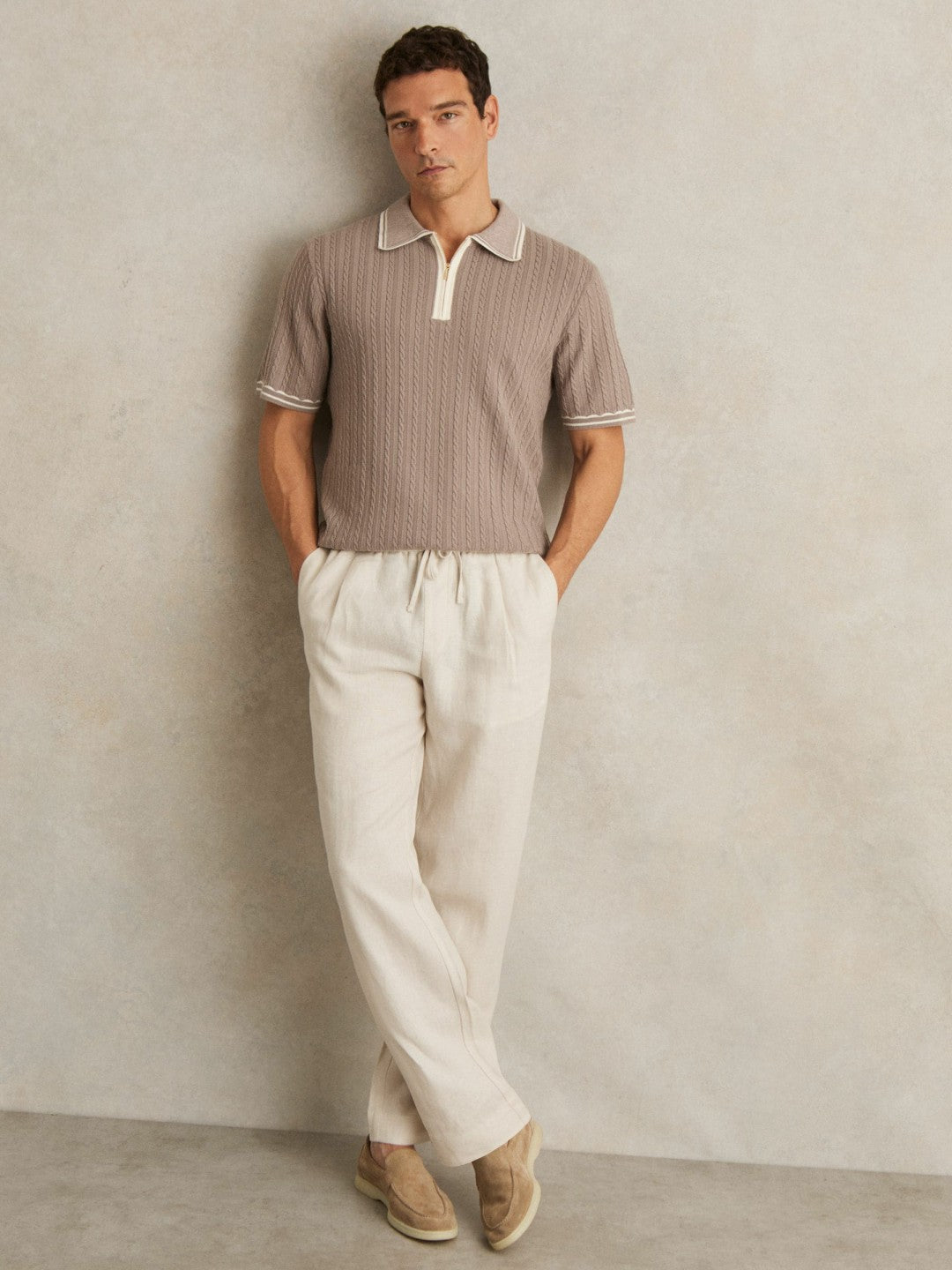 Reiss Micro-Cable Half-Zip Polo Shirt in Light Taupe Brown