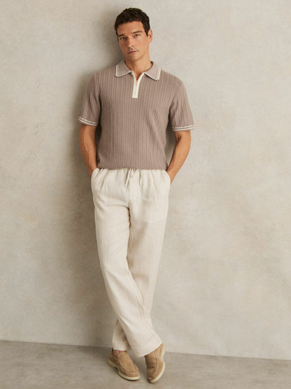 Reiss Micro-Cable Half-Zip Polo Shirt in Light Taupe Brown