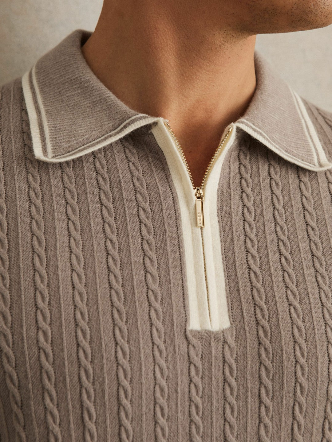 Reiss Micro-Cable Half-Zip Polo Shirt in Light Taupe Brown