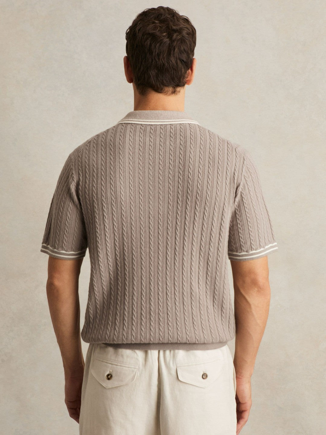Reiss Micro-Cable Half-Zip Polo Shirt in Light Taupe Brown