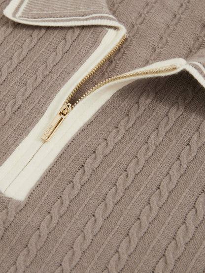 Reiss Micro-Cable Half-Zip Polo Shirt in Light Taupe Brown
