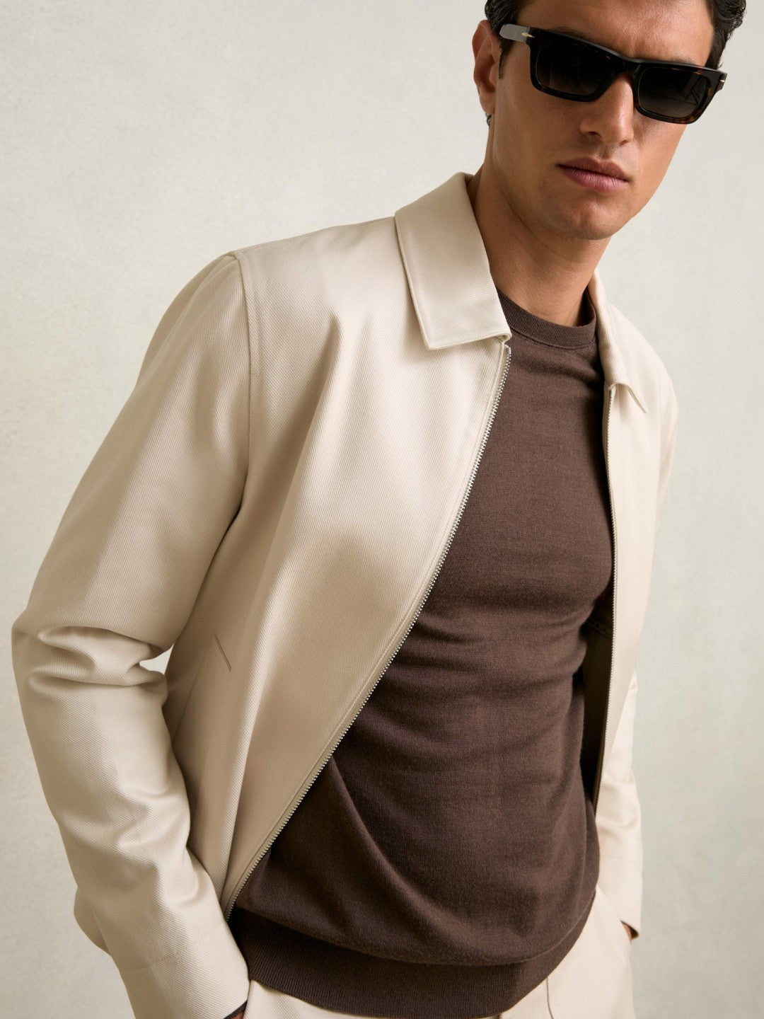 Reiss Lyocell-Cotton Zip-Through Twill Jacket in Ecru