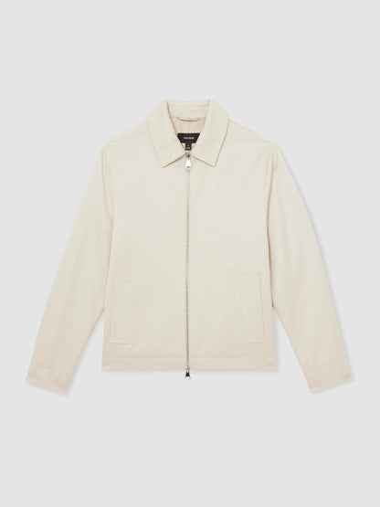 Reiss Lyocell-Cotton Zip-Through Twill Jacket in Ecru