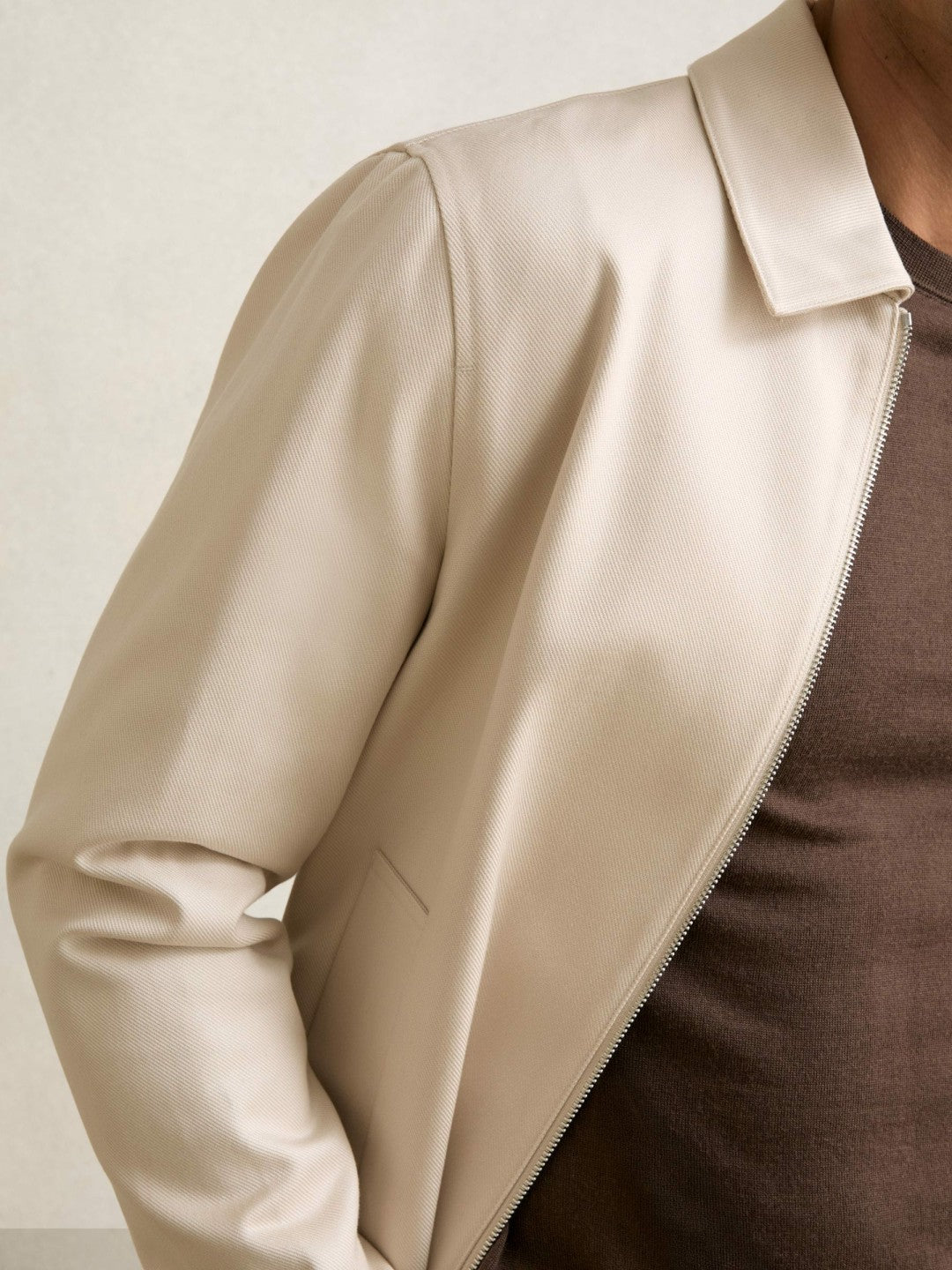 Reiss Lyocell-Cotton Zip-Through Twill Jacket in Ecru