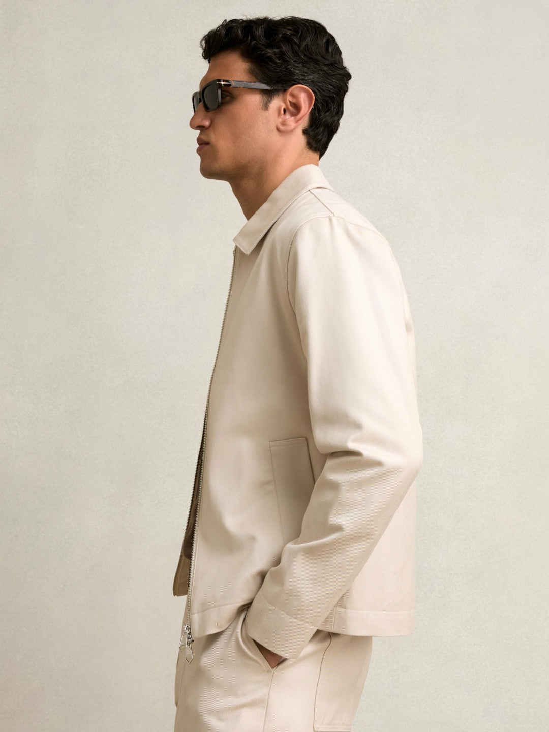 Reiss Lyocell-Cotton Zip-Through Twill Jacket in Ecru