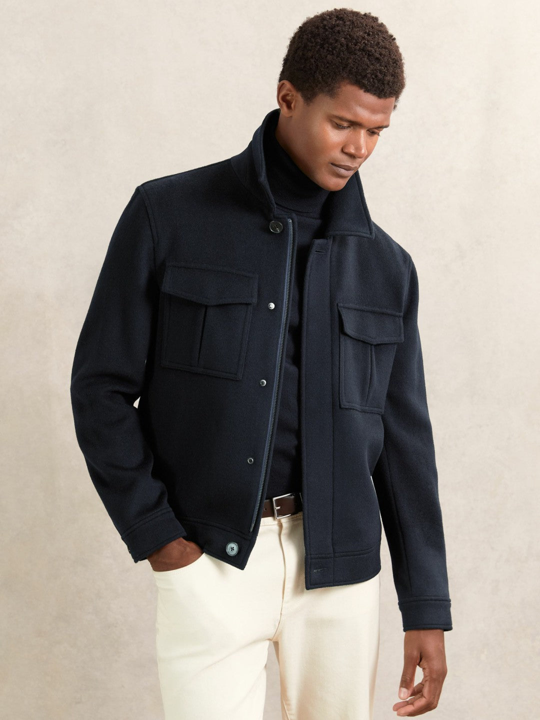 Reiss Wool Blend Twin Pocket Zipped Jacket in Navy