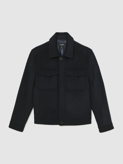 Reiss Wool Blend Twin Pocket Zipped Jacket in Navy