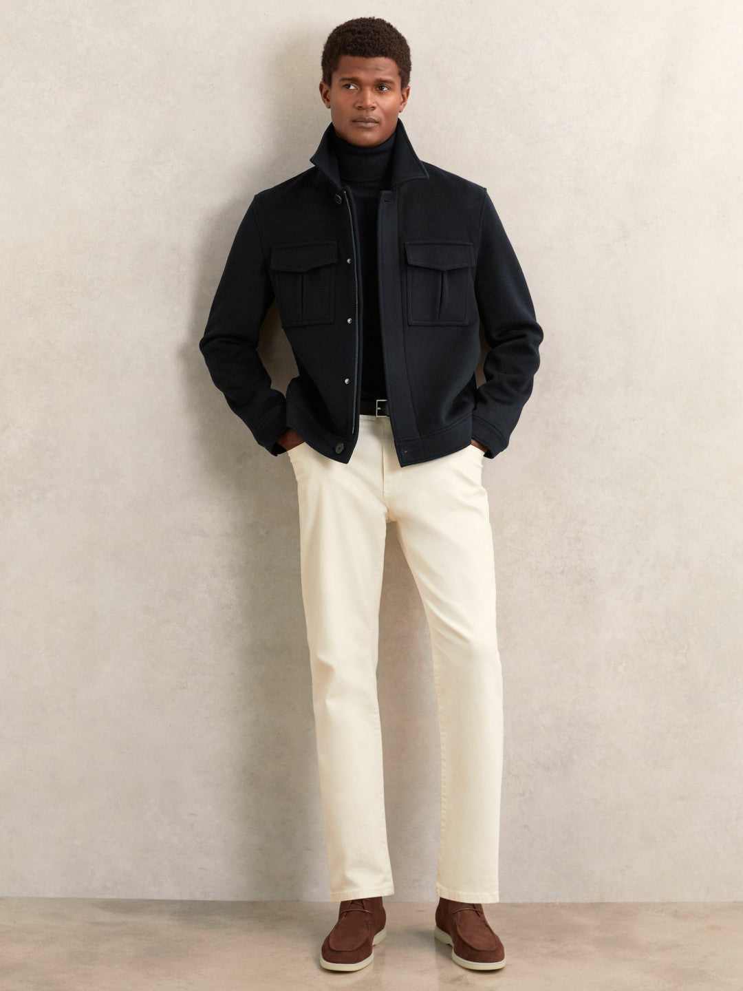 Reiss Wool Blend Twin Pocket Zipped Jacket in Navy