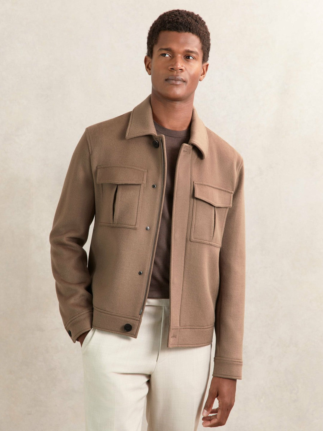 Reiss Wool Blend Twin Pocket Zipped Jacket in Dark Brown