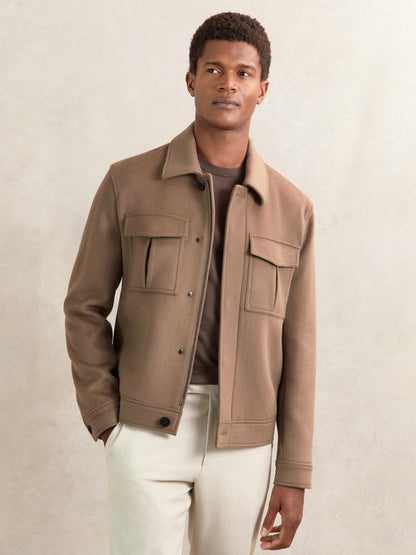 Reiss Wool Blend Twin Pocket Zipped Jacket in Dark Brown
