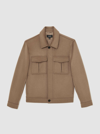 Reiss Wool Blend Twin Pocket Zipped Jacket in Dark Brown