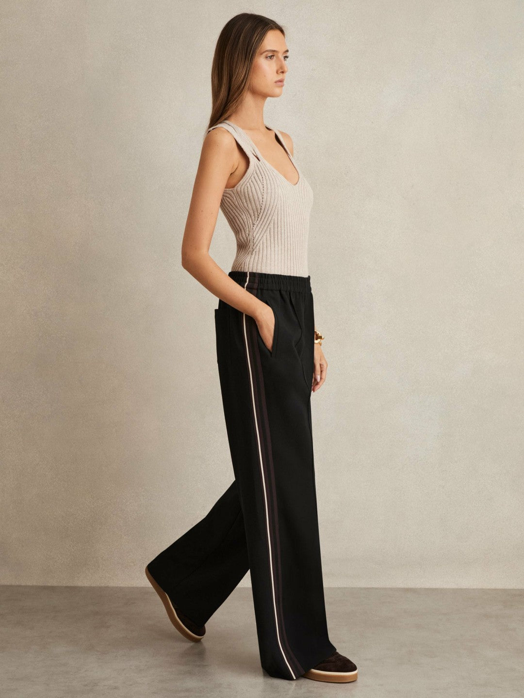 Reiss Side-Stripe Wide-Leg Trousers in Black