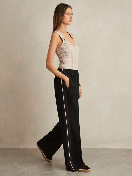 Reiss Side-Stripe Wide-Leg Trousers in Black