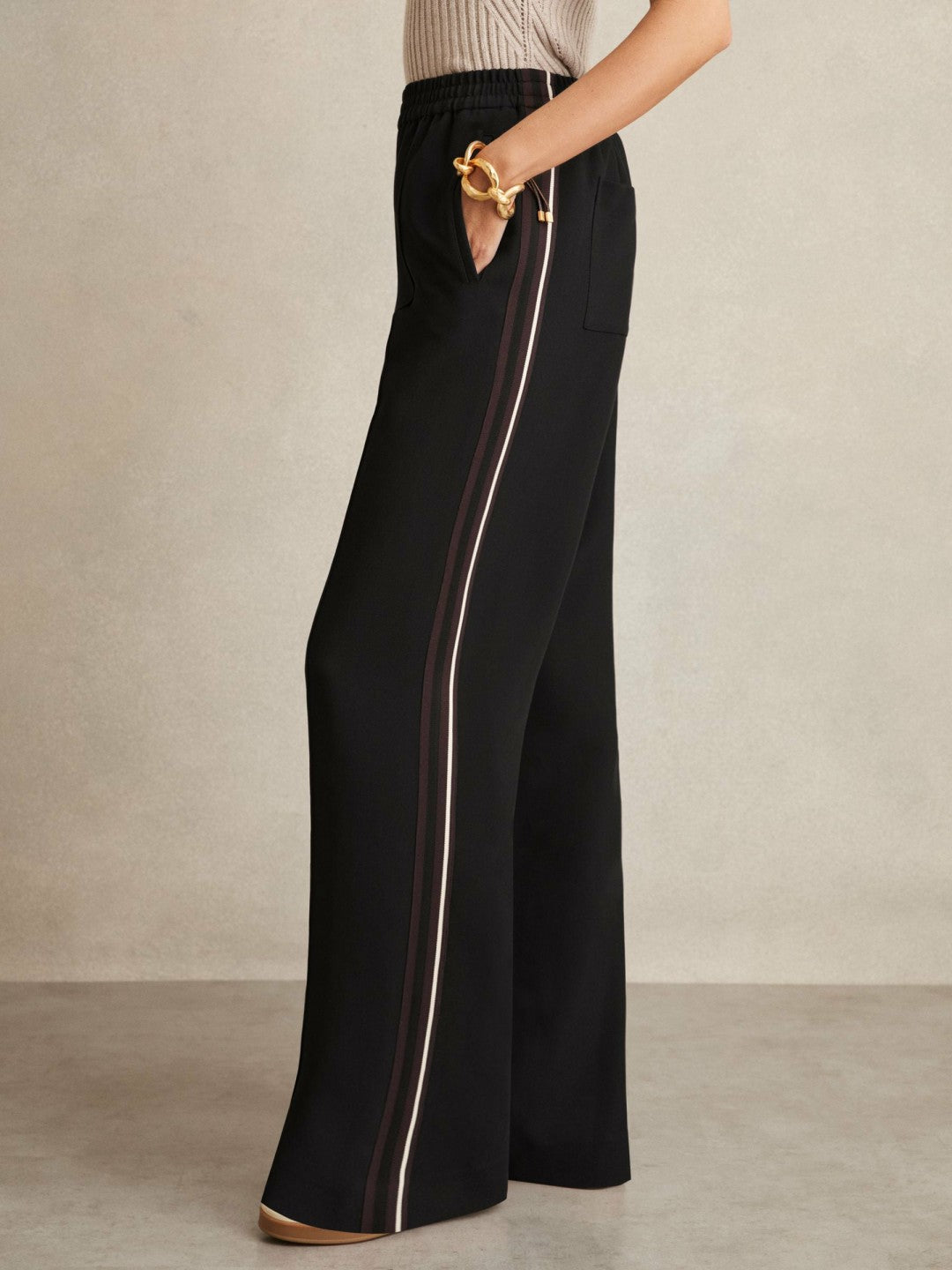 Reiss Side-Stripe Wide-Leg Trousers in Black