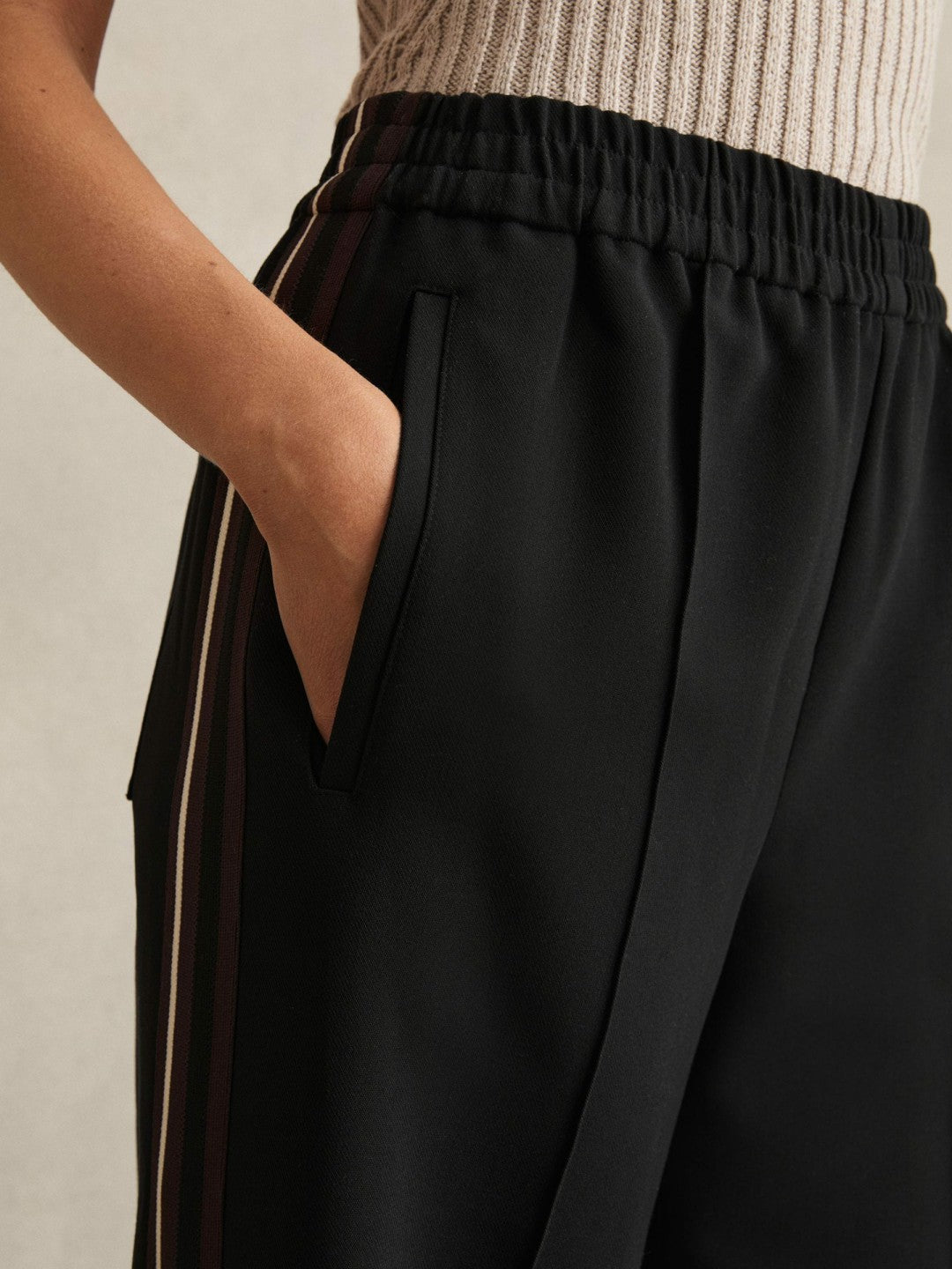 Reiss Side-Stripe Wide-Leg Trousers in Black