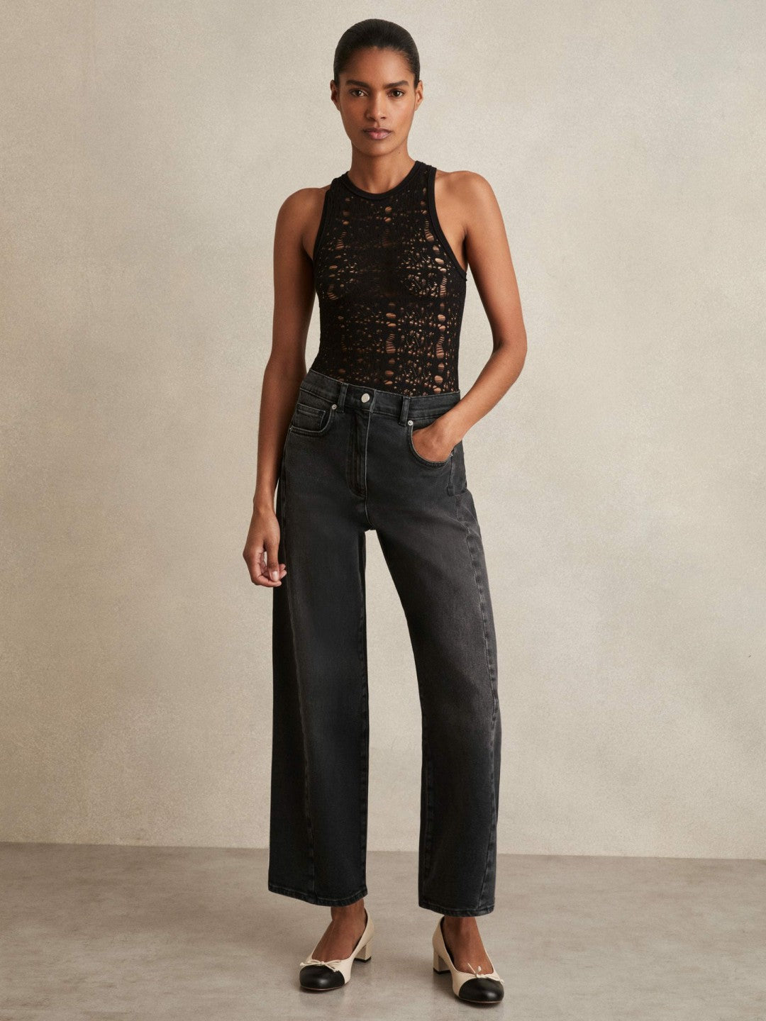 Reiss Petite Barrel-Leg Seam Jeans in Washed Grey