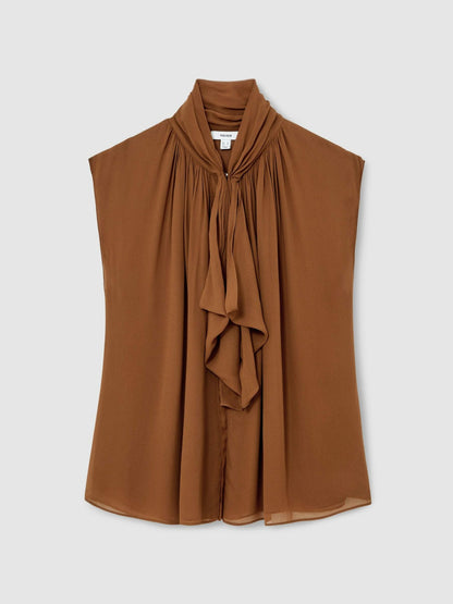 Reiss Crepe-Chiffon Ruffle Sleeveless Top in Tan Brown