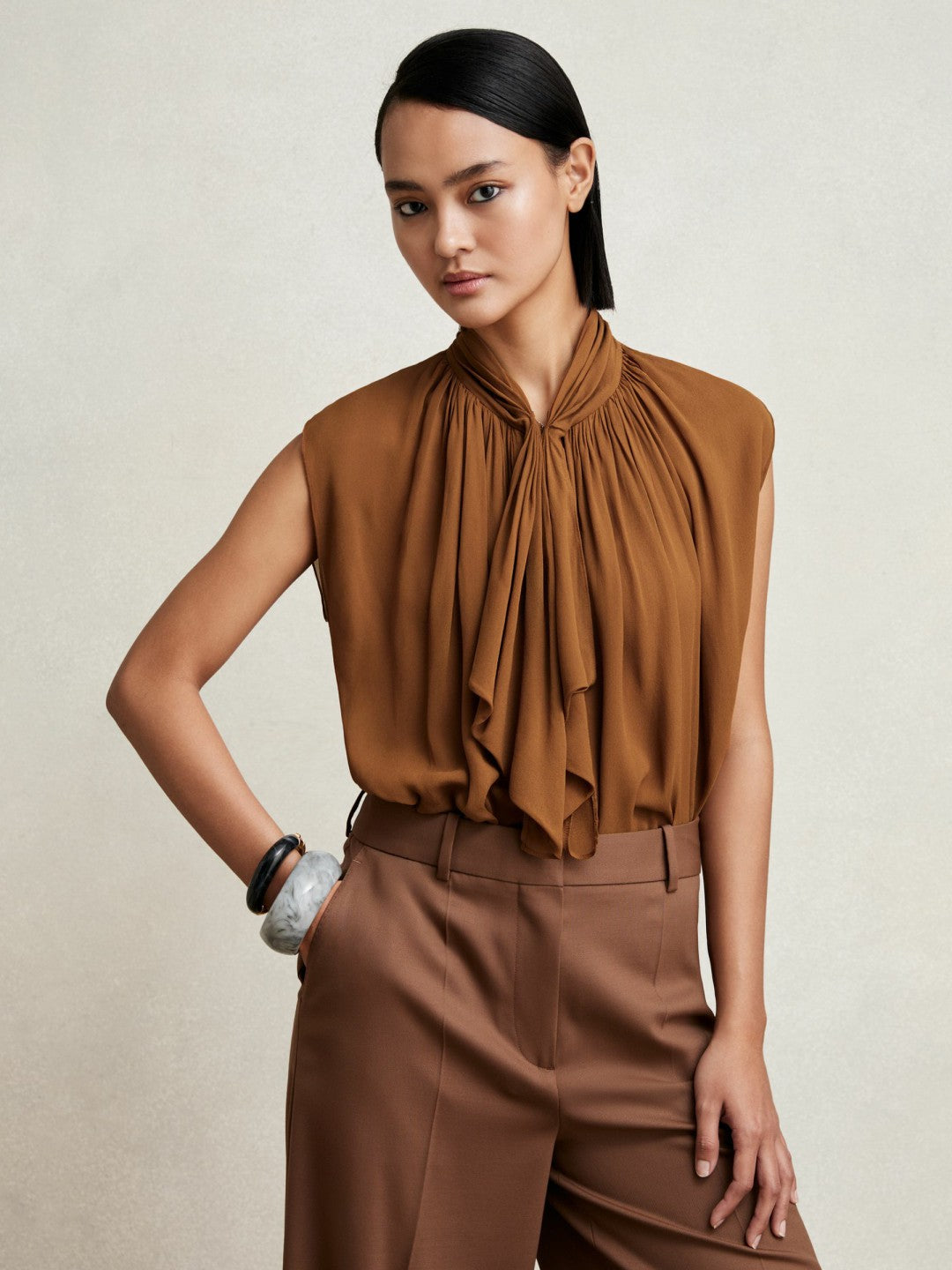 Reiss Crepe-Chiffon Ruffle Sleeveless Top in Tan Brown
