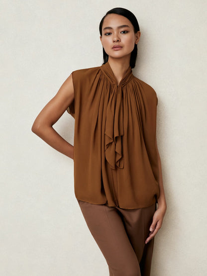 Reiss Crepe-Chiffon Ruffle Sleeveless Top in Tan Brown
