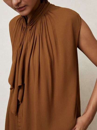 Reiss Crepe-Chiffon Ruffle Sleeveless Top in Tan Brown
