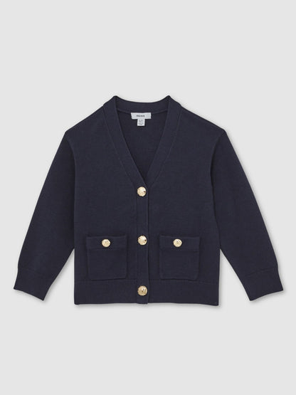 Reiss 13-14 yrs Knitted Embossed-Button Cardigan in Navy