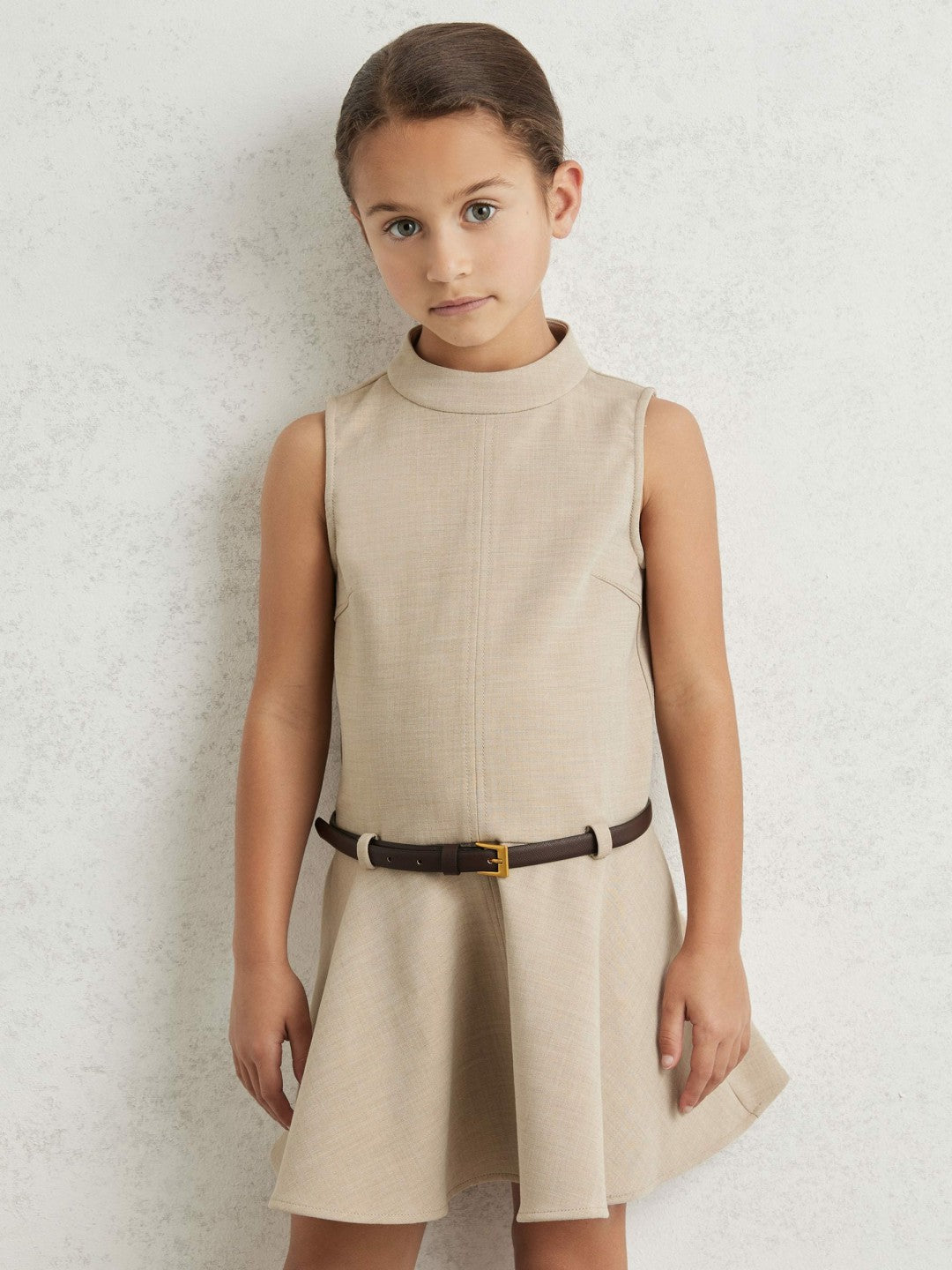 Reiss 13-14 yrs Drop Waist Belted Sleeveless Dress in Neutral