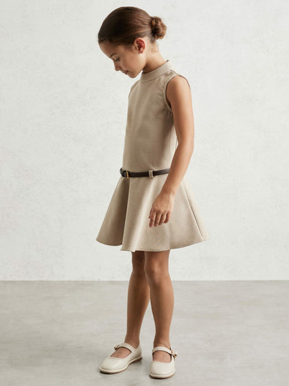 Reiss 13-14 yrs Drop Waist Belted Sleeveless Dress in Neutral