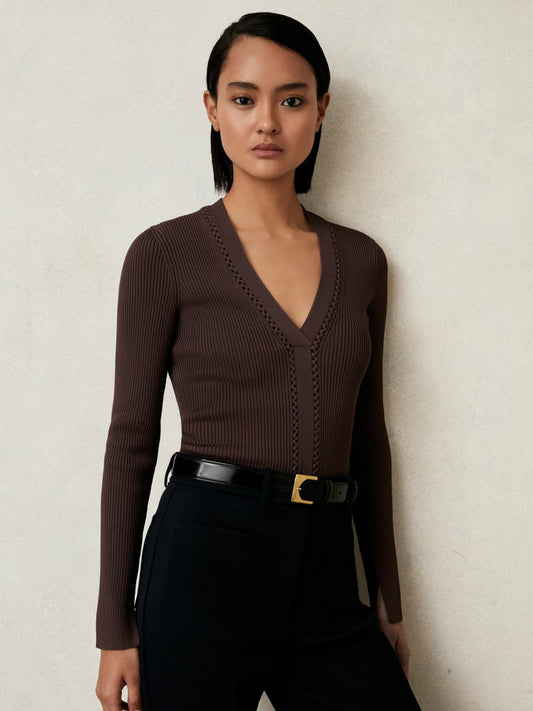 Reiss Craft-Stitch Rib-Knit Top in Mocha Brown