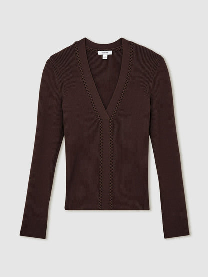 Reiss Craft-Stitch Rib-Knit Top in Mocha Brown