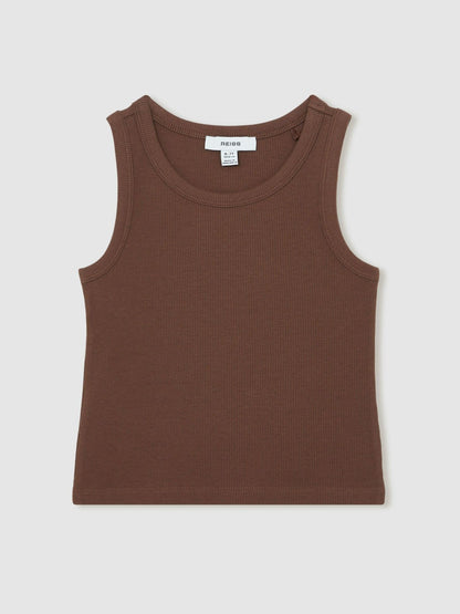 Reiss 13-14 yrs Stretch-Cotton Ribbed Vest in Chocolate