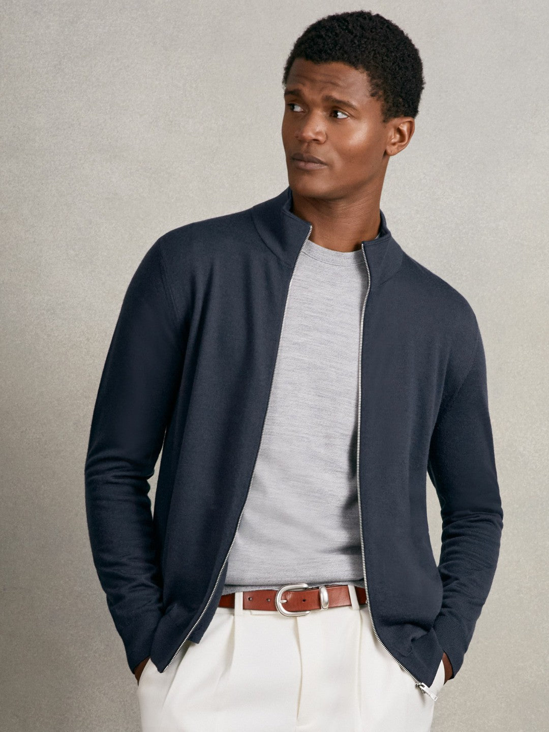 Reiss Merino Wool Zip Through Cardigan in Midnight Navy