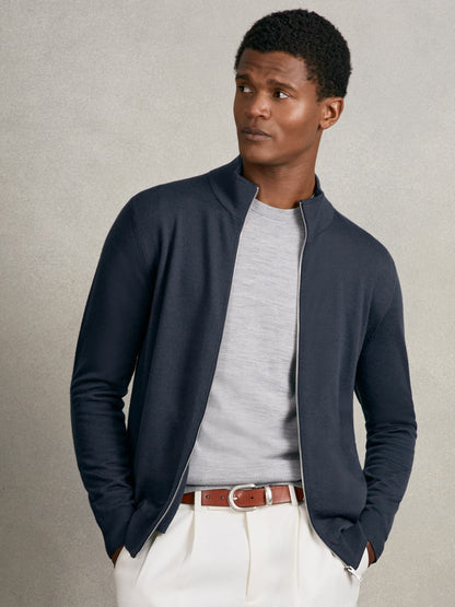 Reiss Merino Wool Zip Through Cardigan in Midnight Navy