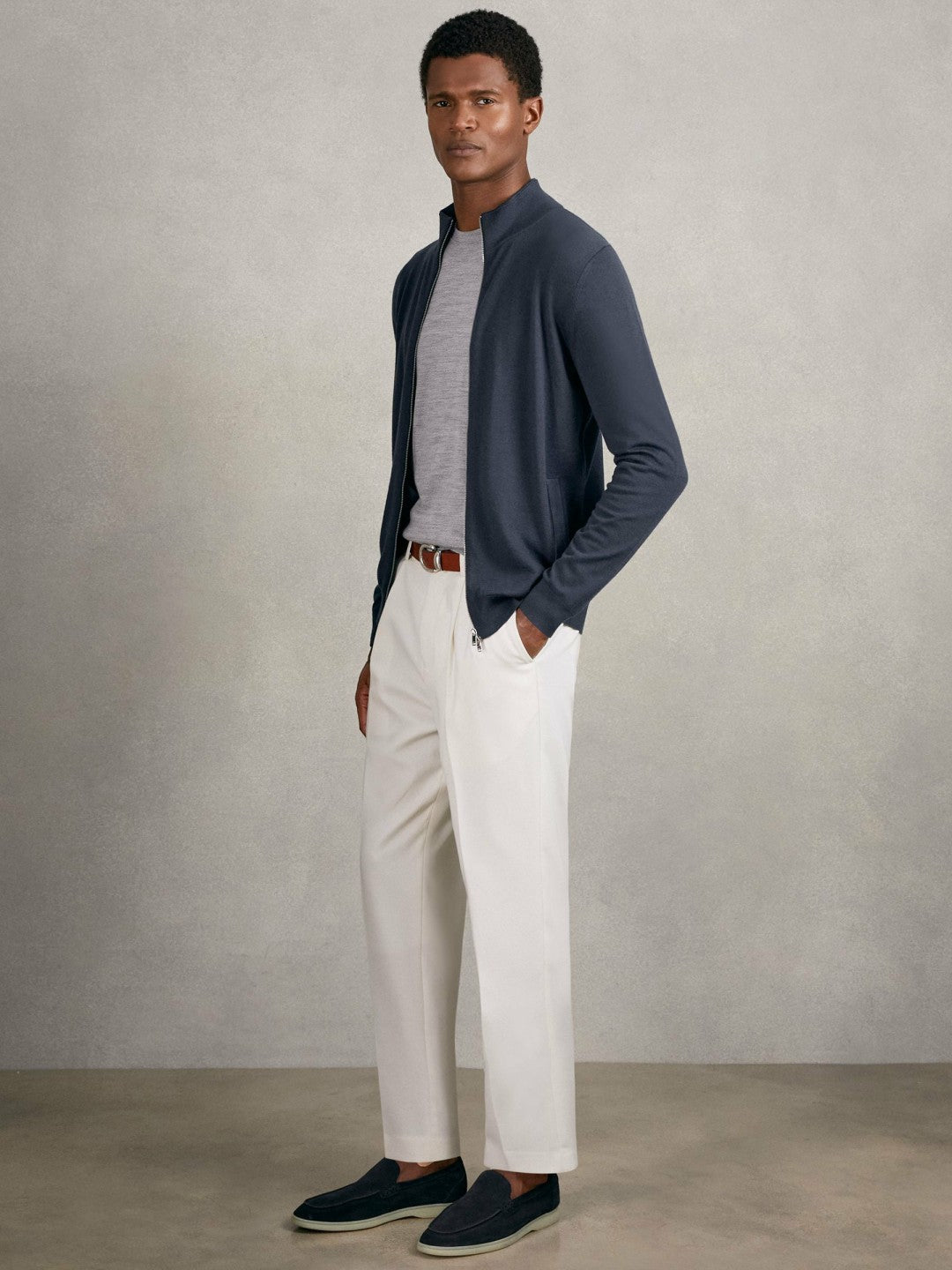 Reiss Merino Wool Zip Through Cardigan in Midnight Navy