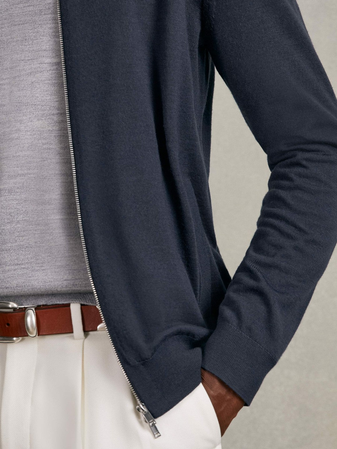 Reiss Merino Wool Zip Through Cardigan in Midnight Navy