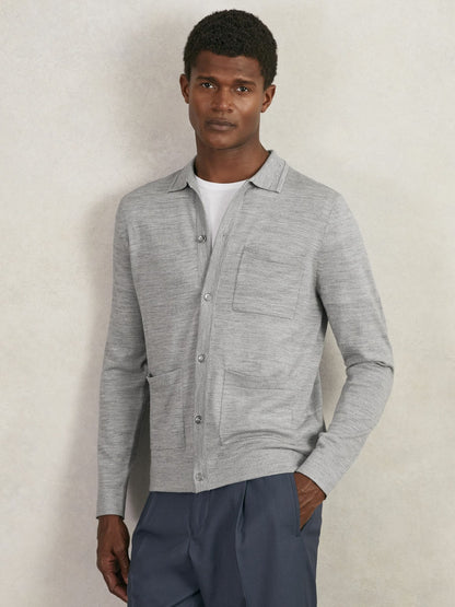 Reiss Merino Wool Button-Through Shirt in Soft Grey Mouline