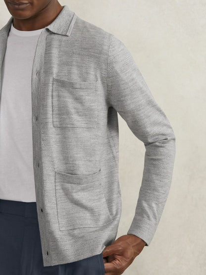 Reiss Merino Wool Button-Through Shirt in Soft Grey Mouline